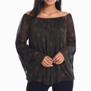 White House Black Market Olive Green Floral Off Shoulder Bell Sleeve Top